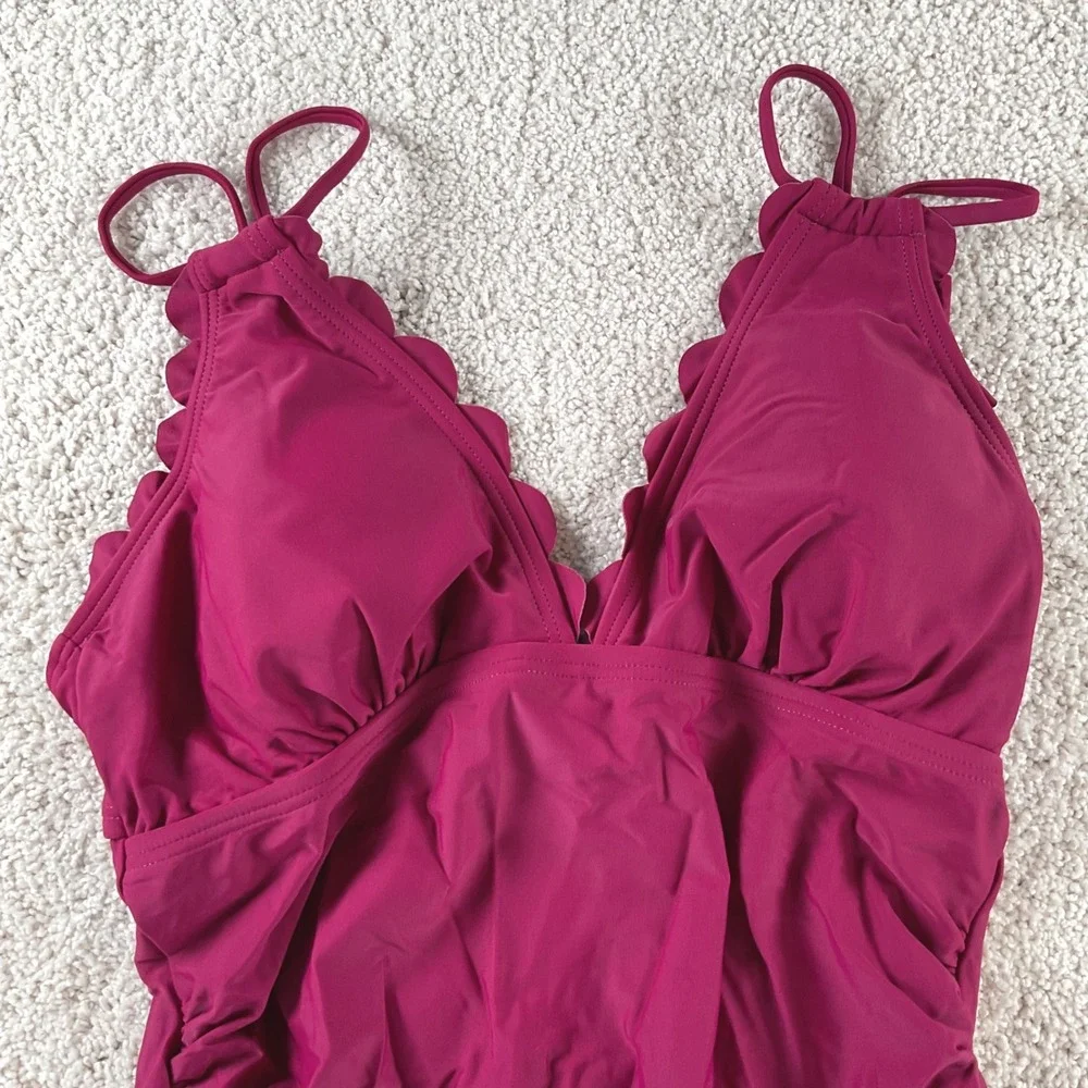 Charmo Womens Maternity One Piece Swimsuit Plum Scalloped Ruched‎ UPF 50+ Size M